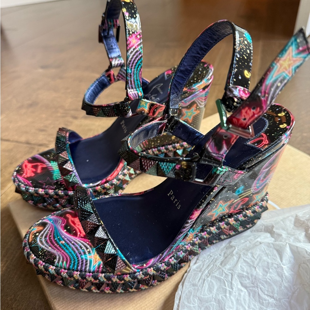 Christian Louboutin Multicolor Neon Star & Swirl Wedge Sandals